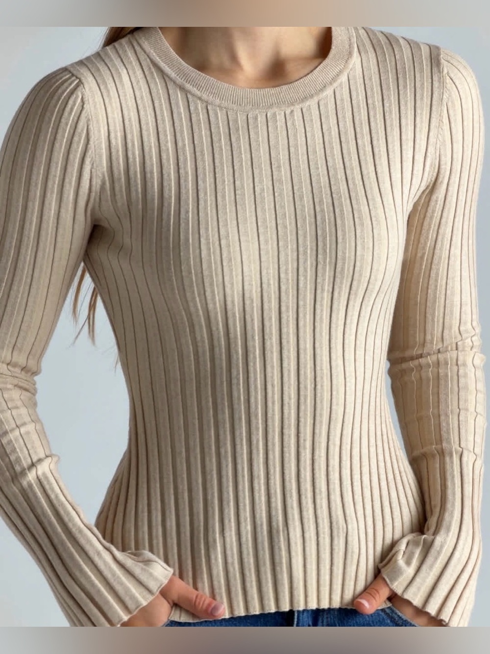 Quince Cream Beige Fitted Neutral Minimalist Ribbed Crew Sweater | S